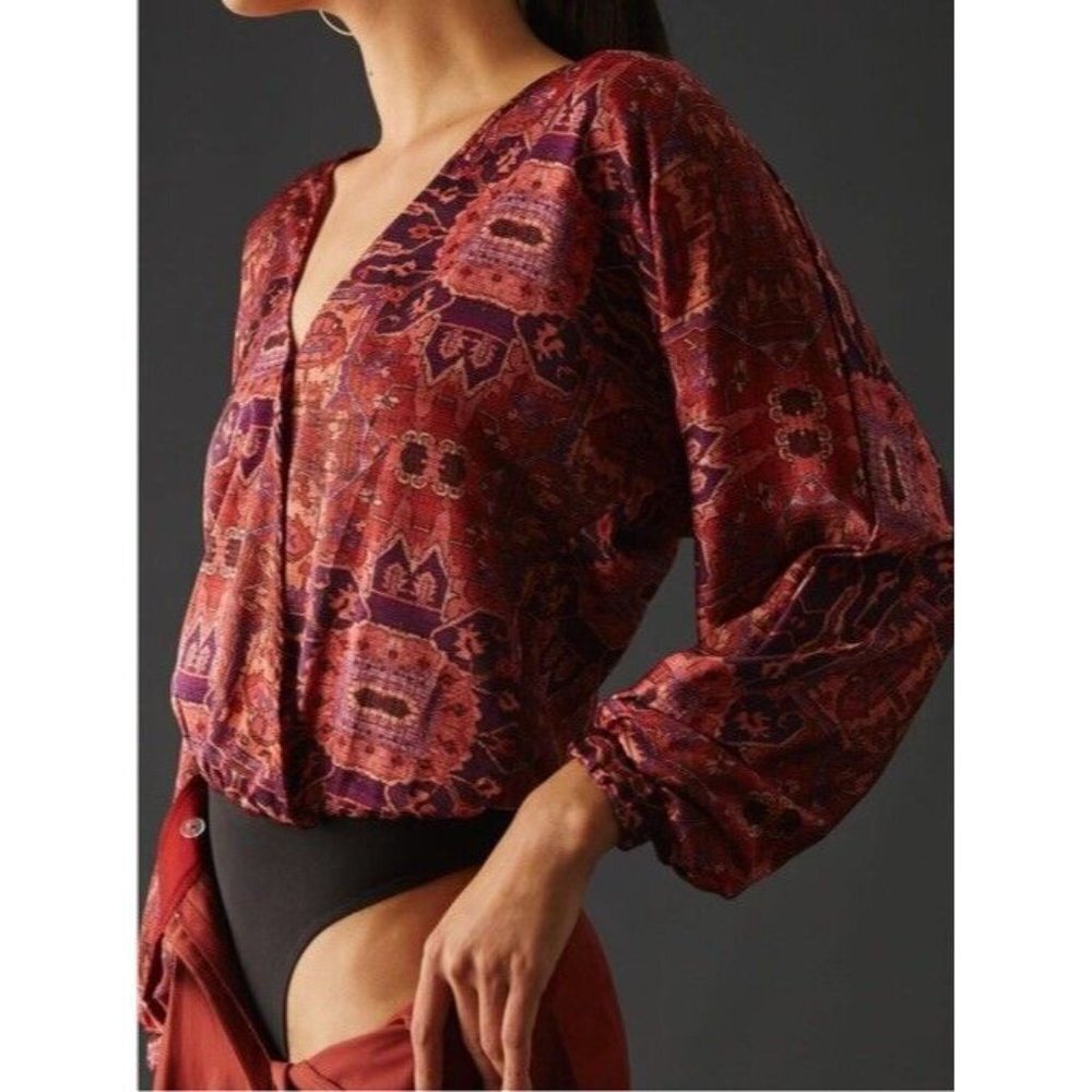 Misa Los Angeles Bodysuit Sz XS Blouse Behati Burgundy V-Neck Boho Office
